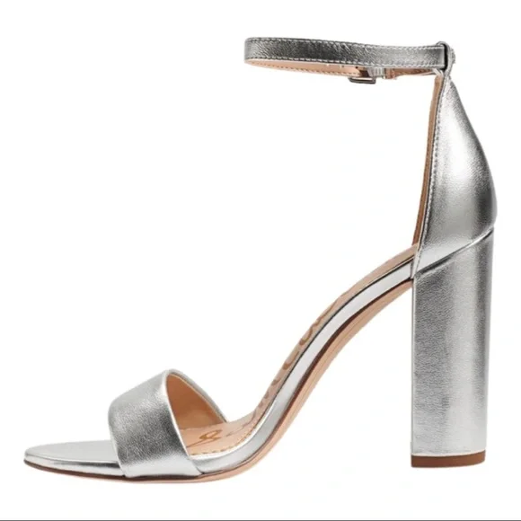 SAM EDELMAN Yaro Block Heel 4” Leather Sandal Silver Shimmer Metallic Size 8.5 - Picture 6 of 14